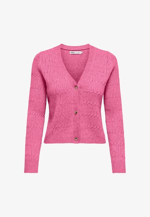 Cardigan rosa con scollo a V, texture a coste e maniche lunghe. Presenta tre bottoni a forma di cuore dorati sul davanti.