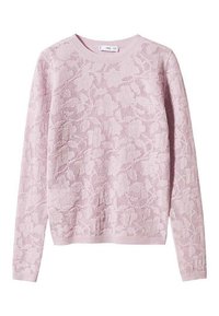 Lichtroze gebreide trui met een bloemmotief in kant, lange mouwen en een ronde hals; geribbelde zoom en manchetten.