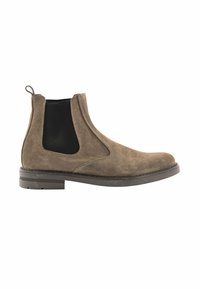 Stivaletto Chelsea in suede marrone con pannelli elasticizzati e linguetta, dotato di suola in gomma piatta e finitura texturizzata.