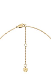 Collier en chaîne dorée avec un fermoir homard, longueur ajustable, et un petit pendentif rectangulaire avec la lettre "F" gravée.