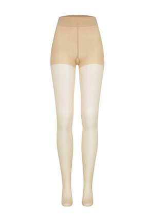 Collant beige con una texture liscia, caratterizzati da una parte inferiore opaca e una superiore trasparente. Progettati con una fascia alta in vita per il massimo comfort.