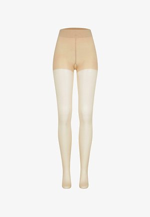 Collants beiges à texture lisse, avec une partie inférieure opaque et une partie supérieure transparente. Conçus avec une taille haute pour le confort.