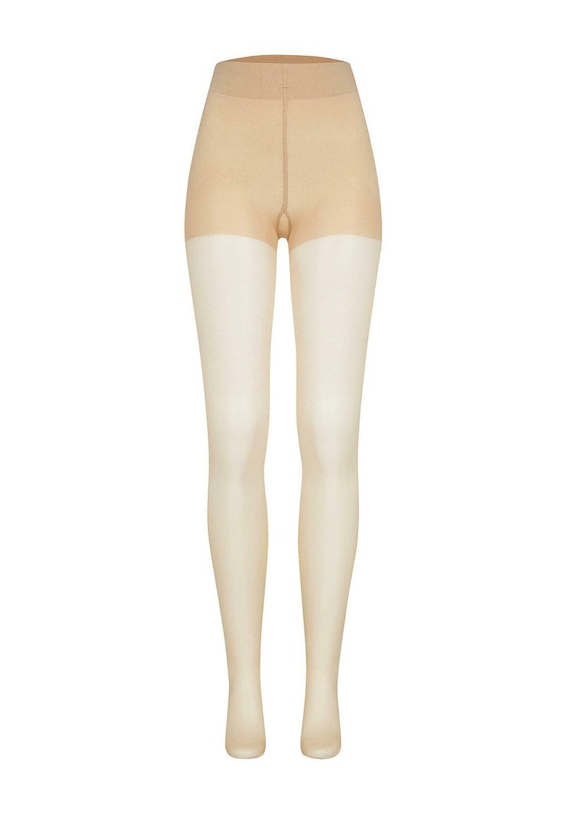 Collant beige con una texture liscia, caratterizzati da una parte inferiore opaca e una superiore trasparente. Progettati con una fascia alta in vita per il massimo comfort.