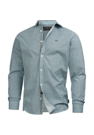 Koszula na guziki w kolorze turkusowym z małym, powtarzającym się wzorem. Posiada kontrastowy wewnętrzny kołnierzyk i mankiety oraz jasnoniebieskie guziki.