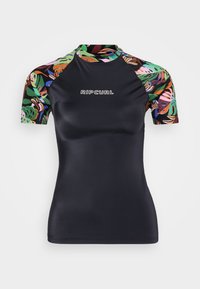 Czarny krótki rękaw rash guard z kolorowymi, kwiatowymi rękawami. Posiada okrągły dekolt i logo "RIP CURL" w kolorze białym. Gładki, elastyczny materiał.