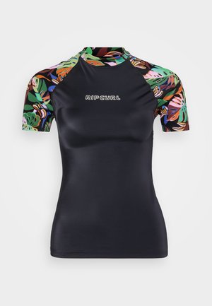Fekete, rövid ujjú rash guard színes virágmintás ujjakkal. Kerek nyakkivágással és fehér "RIP CURL" logóval rendelkezik. Simább, rugalmas anyag.