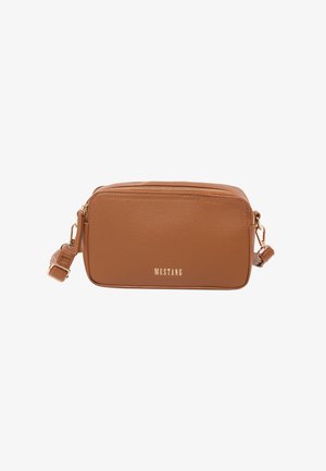 Brown leather crossbody bag with a rectangular shape, zip closure, adjustable strap, and gold logo on the front. Smooth texture.