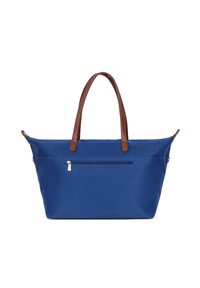 Borsa tote in nylon blu con manici in pelle marrone, dotata di tasca frontale con zip, design semplice e ampia capacità interna.