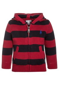 Felpa con cappuccio a strisce rosse e blu, con zip frontale, due tasche anteriori, polsini a costine e un piccolo logo sul petto. Texture in maglia.