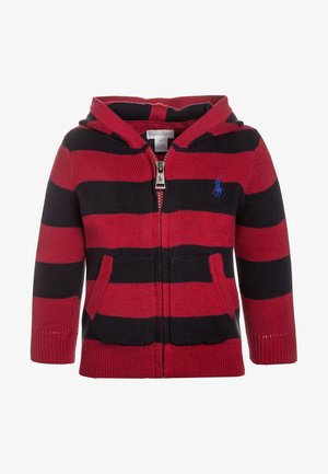 Gestreifte Kapuzenjacke in Rot und Marineblau mit einem vorderen Reißverschluss, zwei vorderen Taschen, gerippten Bündchen und einem kleinen Logo auf der Brust. Strickstruktur.