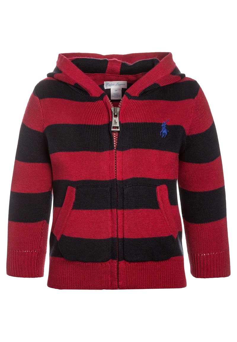 Felpa con cappuccio a strisce rosse e blu, con zip frontale, due tasche anteriori, polsini a costine e un piccolo logo sul petto. Texture in maglia.
