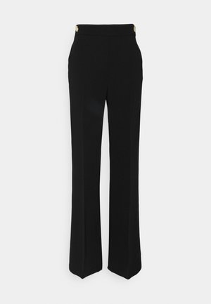 Black high-waist wide-leg trousers with gold decorative buttons on the waistband, displayed on a white background.