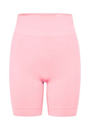 Ružičaste biciklističke kratke hlače visokog struka bez šavova, izrađene od glatkog, rastezljivog materijala dužine do sredine bedara.