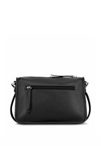 Sac à bandoulière en cuir noir avec une surface texturée, doté d'une poche frontale zippée et d'une sangle réglable. Forme rectangulaire, design minimaliste.