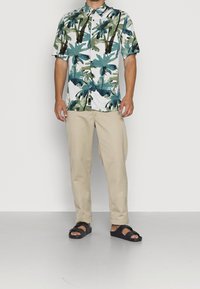 Hombre vestido con una camisa de botones de manga corta con estampado tropical, pantalones beiges y sandalias negras sin hebillas, de pie contra una pared blanca lisa.