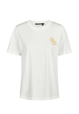 Weißes T-Shirt mit kurzen Ärmeln und Rundhalsausschnitt mit einer kleinen gelben Zitronenscheibe auf der linken Brust.