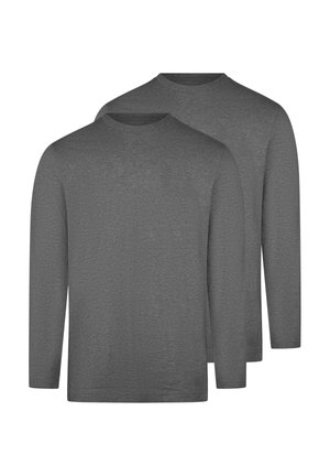 Zwei schlichte dunkelgraue Langarmshirts mit Rundhalsausschnitt, flachliegend dargestellt, wobei eines leicht hinter dem anderen auf einem weißen Hintergrund liegt.