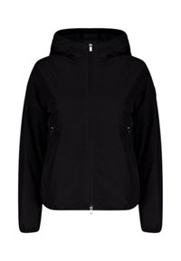 Giacca leggera nera con cappuccio, chiusura frontale con cerniera e tasche laterali. Tessuto liscio con design minimalista.