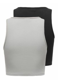 To ribbede crop tops i lysegrå og sort. Har høje halsudskæringer og kontrastsyninger langs kanterne. Let og strækbart stof.