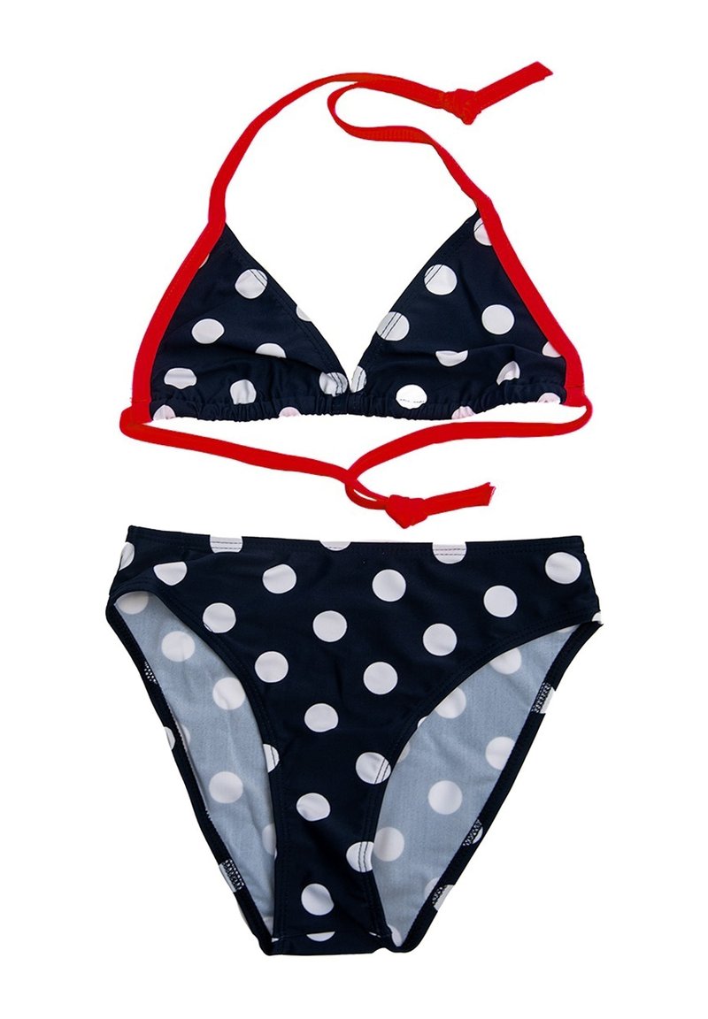 Granatowy bikini w kropki z czerwonymi akcentami. Triangle top z regulowanymi sznurkami; pasujące majtki niskie o pełnym pokryciu.