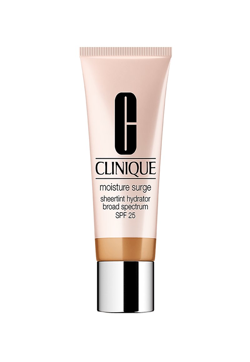 Tube de Clinique Moisture Surge, en plastique rose doux, texte noir, capuchon argenté, contenant un hydratant teinté transparent, SPF 25, protection à large spectre.