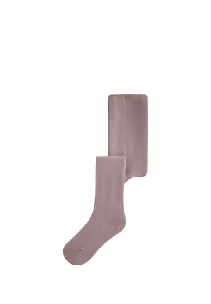 Par enfärgade, stickade strumpor av ljus mauve, med ribbad mudd, i mellankalvslängd, visade på vit bakgrund.