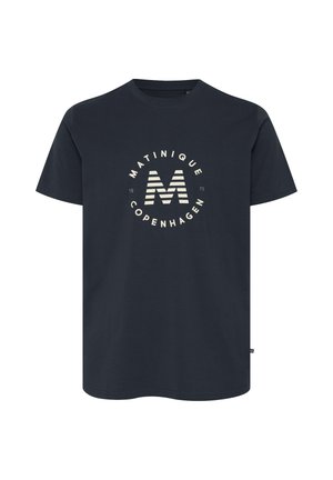 T-shirt in cotone blu navy con scollo rotondo, maniche corte e una grafica centrale con il nome del marchio e la lettera "M" a strisce.