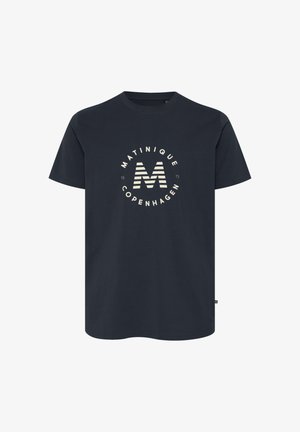 Tricou din bumbac bleu marin cu guler rotund, mâneci scurte și un grafic central cu numele mărcii și litera "M" în dungi.