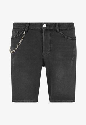 Mustad denim lühikesed püksid sirge lõikega, millel on metallketi aktsent vöökohal ja kulunud detailid kangas.
