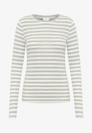 Svetr s dlouhým rukávem v proužkovaném designu, světle šedé a bílé barvy, s žebrovanou texturou, kulatým výstřihem a jemnými stříbrnými nitkami ve pruhem.