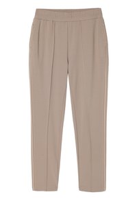Beige broek met elastische tailleband, zijzakken, taps toelopende pijpen en contrasterende strepen langs de zijkanten. Zacht, glad materiaal.