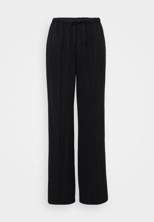 Black, wide-leg trousers made of soft fabric with an elastic waistband and drawstring. Features vertical pleats for a relaxed fit.