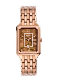 Montre rectangulaire Fossil avec un bracelet en métal doré rose, un cadran marron à motifs, des accents en cristal autour du cadran et un affichage de la date à 6 heures.