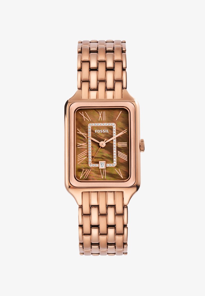 Fossil rechteckige Uhr mit einem rosegoldenen Metallarmband, braunem gemustertem Zifferblatt, Kristallakzenten rund um das Ziffernblatt und Datumsanzeige auf 6 Uhr.