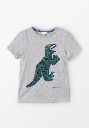 Szara koszulka z krótkim rękawem z kolorowym, teksturowanym graficznym wizerunkiem zielonego dinozaura z przodu. Zawiera nadrukowaną metkę przy dekolcie.