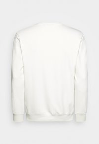 Sweatshirt blanc à manches longues, col rond et bords côtelés au poignet et à l'hem. Texture de tissu lisse, sans motifs ni designs visibles.