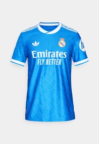 Blue soccer jersey with white accents, featuring a round collar, short sleeves, and “Emirates Fly Better” logo. Made of smooth fabric.