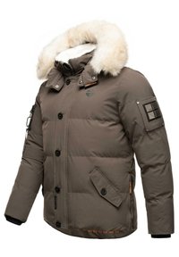 Brown puffer jacket with a fur-lined hood, front buttons, zippered pockets, and a branded patch on the sleeve. Quilted texture.