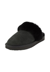 Pantofole in suede nero con punta arrotondata e colletto in pelliccia nera soffice. Tessuto morbido con suola piatta e flessibile per il massimo comfort.