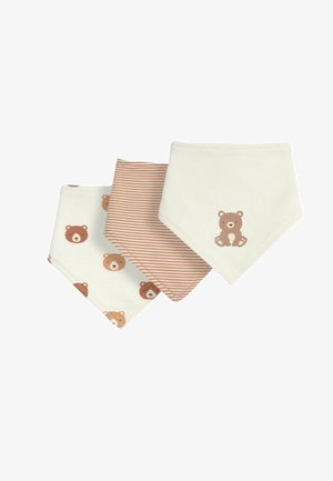 Kolm kolmnurkset beebinate bändanaid pehmest puuvillast. Omavad karu trükiseid ja triibulist mustrit beeži ja valge värviga.