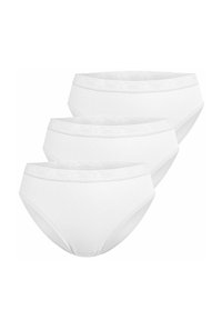 Three pairs of white cotton briefs featuring a decorative lace waistband and a classic high-rise cut. Smooth texture, no patterns or accents.