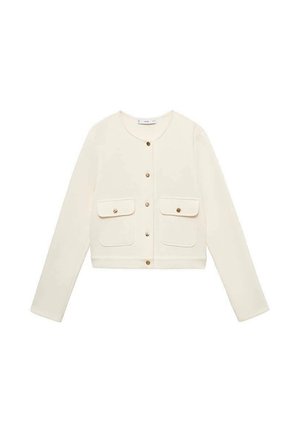 Cream-colored cropped jacket with long sleeves, front button closure, and two chest pockets with gold fastening. Smooth fabric texture.