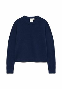 Tumši zils džemperis no mīksta adīta materiāla ar apaļu kakla izgriezumu, garām piedurknēm un īsā apaļā apkaklītes dizainu. Bez redzamiem rakstiem vai metāla detaļām.