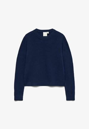 Marineblå sweater lavet af blødt strikstof, med rund halsudskæring, lange ærmer og cropped kantdesign. Ingen synlige mønstre eller hardware.