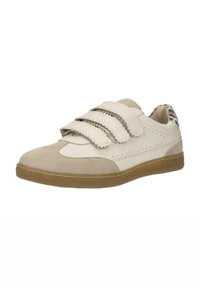 Beige sneakers met een gemêleerd suede en glad leren bovenwerk, voorzien van drie klittenbandsluitingen en een gestreepte stoffen voering. Rubberen buitenzool.