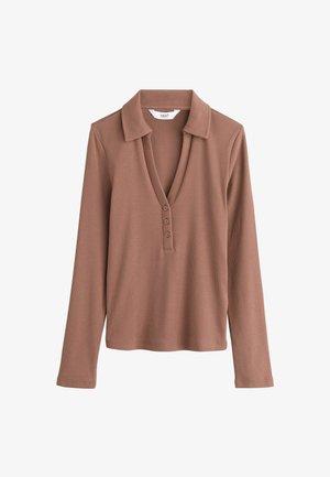 Long-sleeve, v-neck top in reddish-brown ribbed fabric. Features a collar and four button placket down the front. Soft texture.
