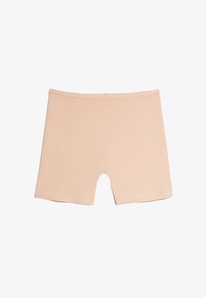 Pantalones cortos de algodón beige con una textura suave, diseño ajustado y longitud a medio muslo, que cuentan con una cintura elástica y sin costuras visibles.