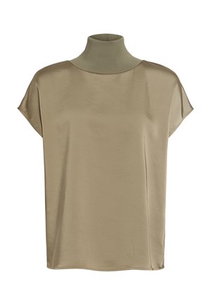 Kurzarmoberteil in Taupe mit hohem, geripptem Rollkragen. Glattes, leicht glänzendes Material mit lockerer Passform und Seitennähten.