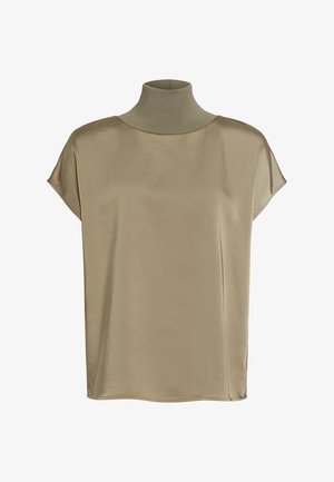 Short-sleeve top in taupe with a high, ribbed turtleneck. Smooth, slightly shiny fabric with a relaxed fit and side seams.
