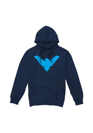 Navy blue hoodie with front pocket and blue stylized bird emblem on chest, featuring drawstrings on the hood.